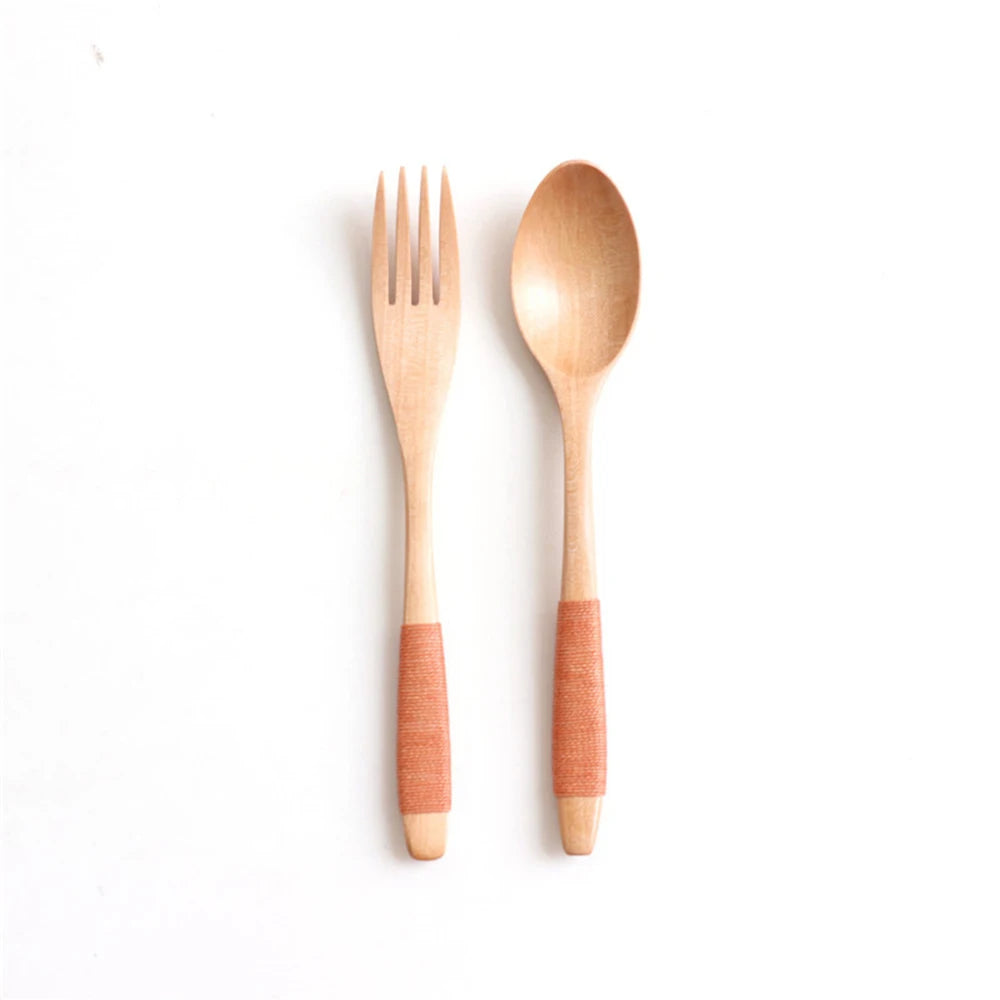 2 Cucharas y Tenedores de Madera Natural para Cena, Kit de Utensilios para Arroz, Sopas, Cereales, Hecho a Mano, Vajilla para Mesa de Hogar, Cubiertos para Cocina