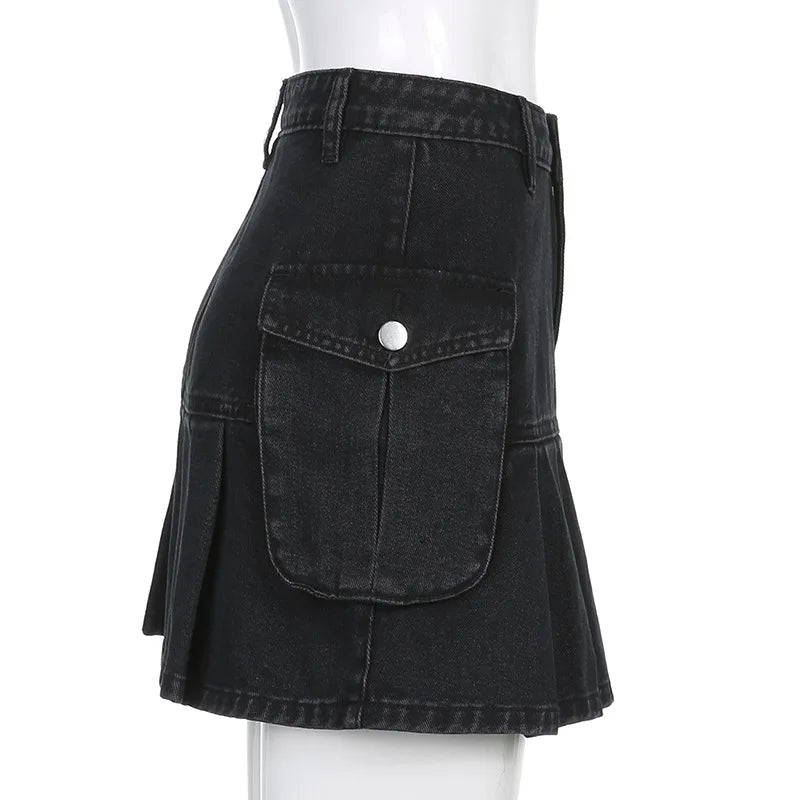 AltGoth Harajuku Y2k Denim Skirt Women Dark Gothic Streetwear Mini Skirt with Skull Belt Mall Goth Punk Grunge Sexy Emo Clubwear