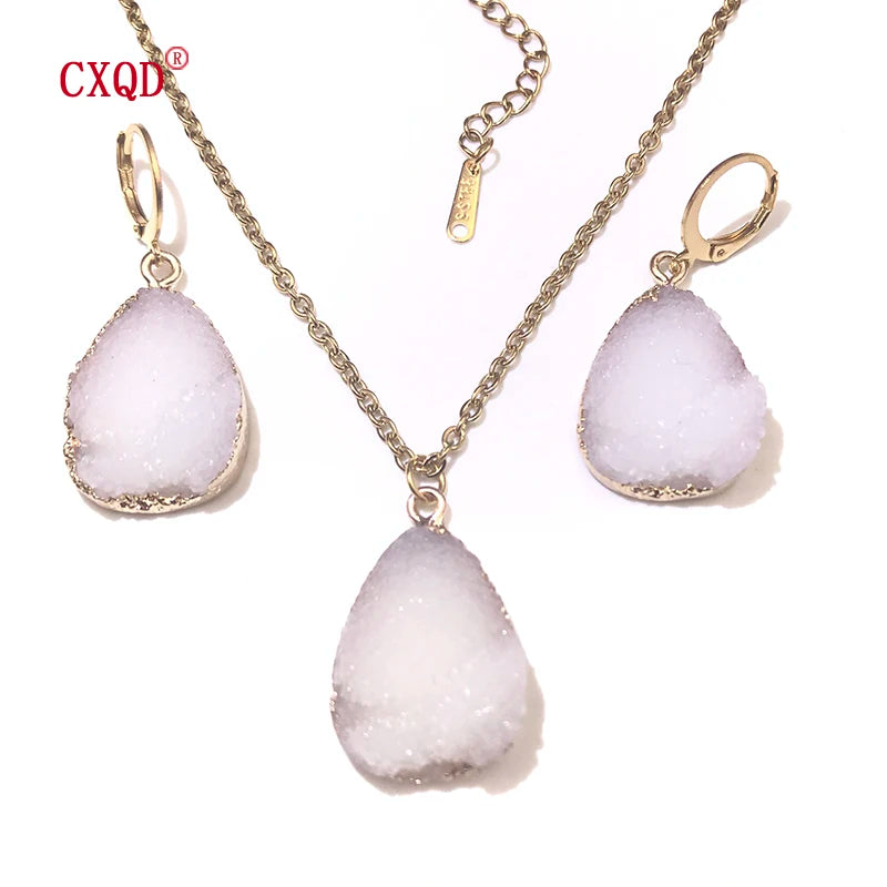 Fashion Cute Lady Water Drop Stainless Steel Resin Pendant Earring Necklace Combination Sweet Multicolor Girl Jewelry Party Gift