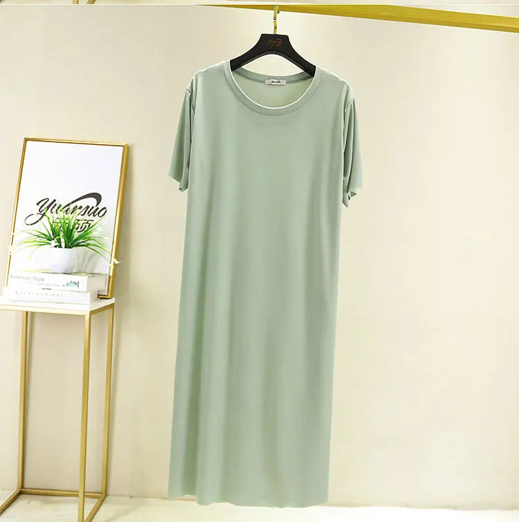 Fresh candy color night dress women new ice silk cotton summer nightshirt casual loose nightgowns student's sleepwear dresses