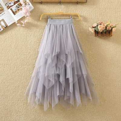 Women irregular Tulle Skirts Fashion Elastic High Waist Mesh Tutu Skirt Pleated Long Skirts Midi Skirt Saias Faldas Jupe Femmle