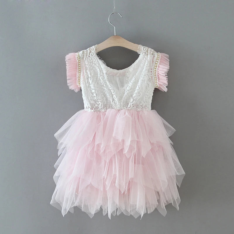 New Girl Dress Kids Flower Princess  Beading Dress for Baby Birthday Kids Flutter Sleeve Cake Dresses Children Clothing Caramel