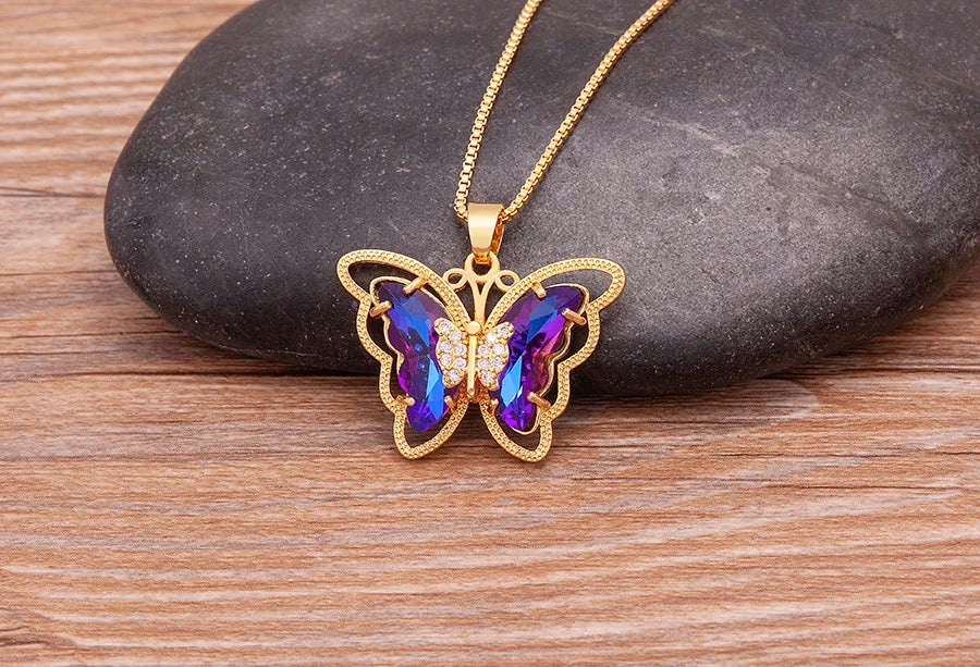 Nidin Top Quality Austrian Crystal Zircon 10 Colors Butterfly Pendant For Women Female Colorful Animal Necklace Jewelry Gifts