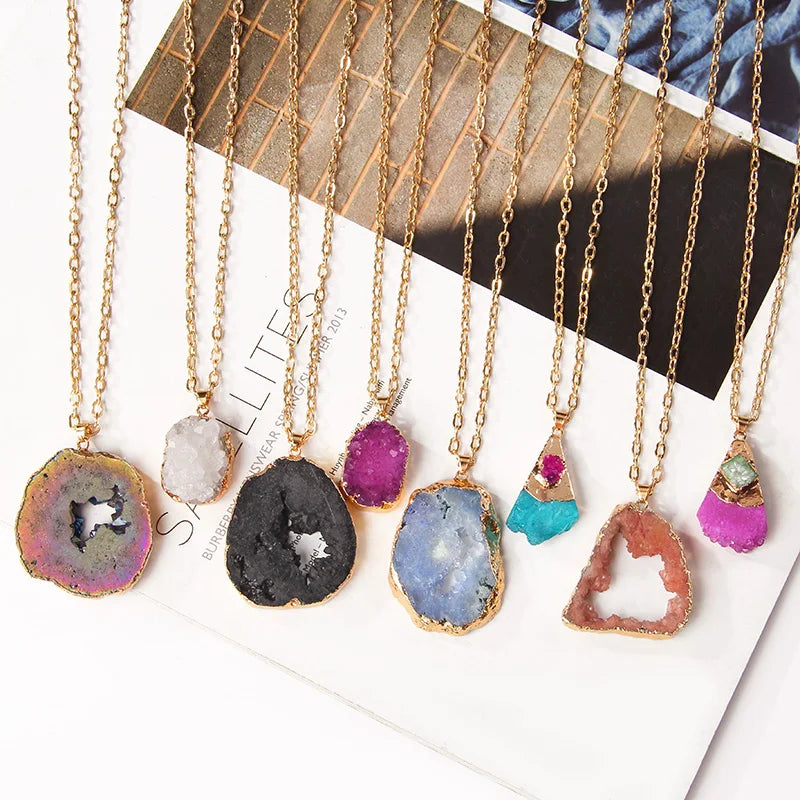 Metal chain healing energy necklace for women Dyed Natural crystal agat druzy crystal Minerals gem stone pendant charm necklace