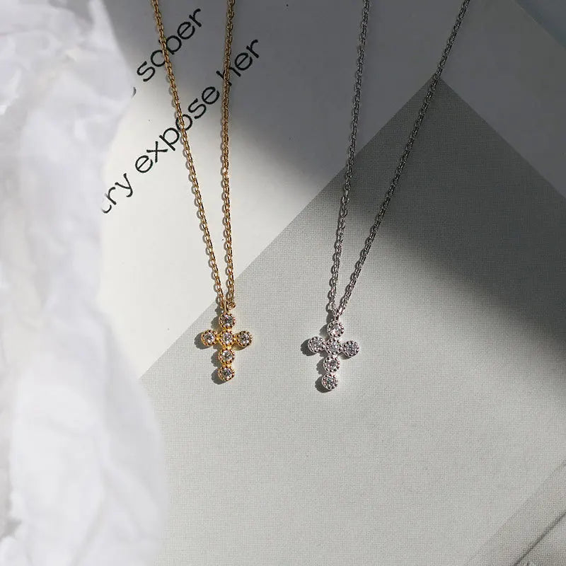 925 Sterling Silver Pavé Crystal Cross Pendant Necklace Women'S Classic Temperament Wedding Jewelry Girlfriend