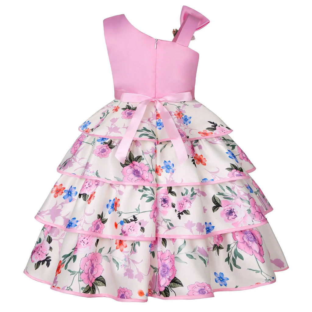 HETISO Floral Girl Dress Flower Printed Layered Princess Dresses for Girls Party Wedding Summer Dress Children's Clothing 6 8 10