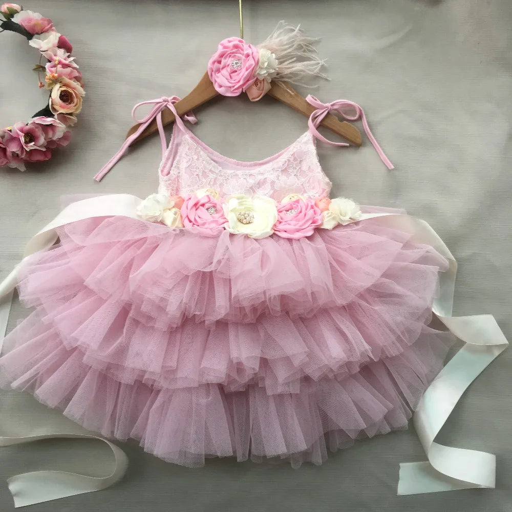 New Born Baby Girls Birthday Dress for Kids Flowers Girls Party Tutus Costume Belt Headband 3pcs Outfit Set Princess Vestidos