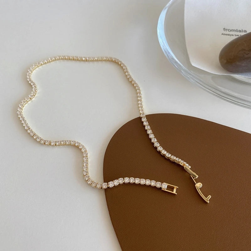 Iced Out Tennis Chain Necklaces Female Gold Color 18K Gold Plated Neck Chain For Women'S Fashion Jewelry Chocker 2024