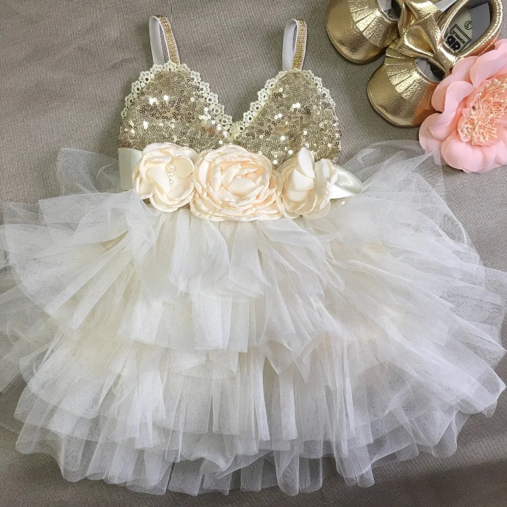 Shinny Flower Girls Christmas Dress for Kids Toddle Party Gown Gold Sequined Layered Tutu Dress Children New Year Dress Clothing