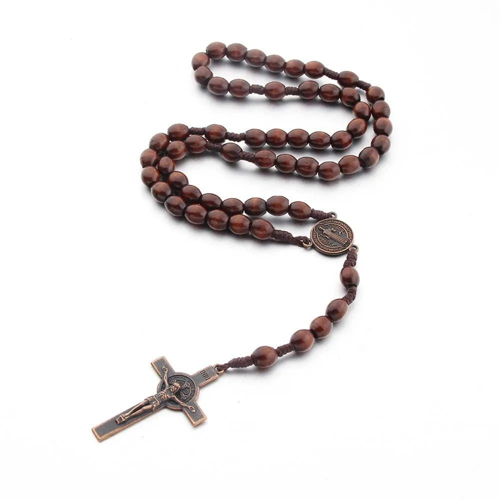 Jesus Cross Pendant Necklace Catholic Rosary Christian Religious Cross Hand Made Wooden Beads Exorcism Necklace Vintage Jewelry