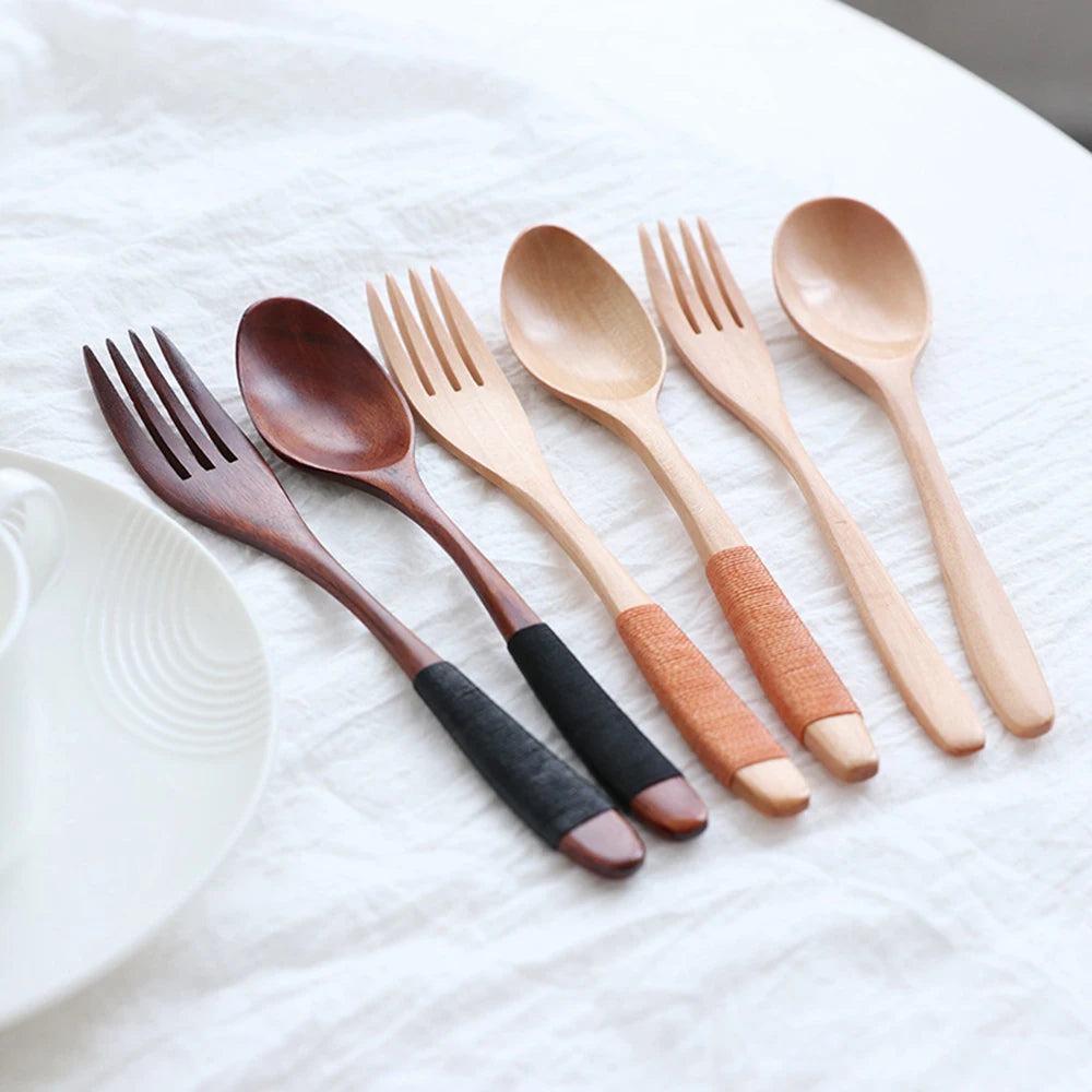 2 Cucharas y Tenedores de Madera Natural para Cena, Kit de Utensilios para Arroz, Sopas, Cereales, Hecho a Mano, Vajilla para Mesa de Hogar, Cubiertos para Cocina