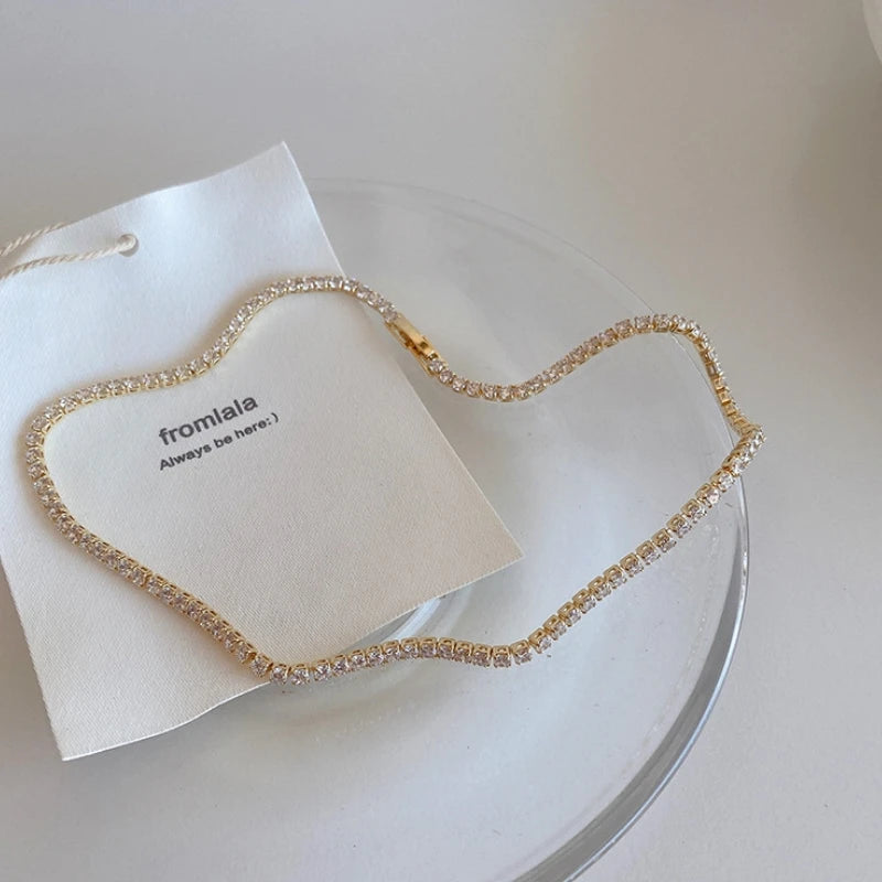 Iced Out Tennis Chain Necklaces Female Gold Color 18K Gold Plated Neck Chain For Women'S Fashion Jewelry Chocker 2024