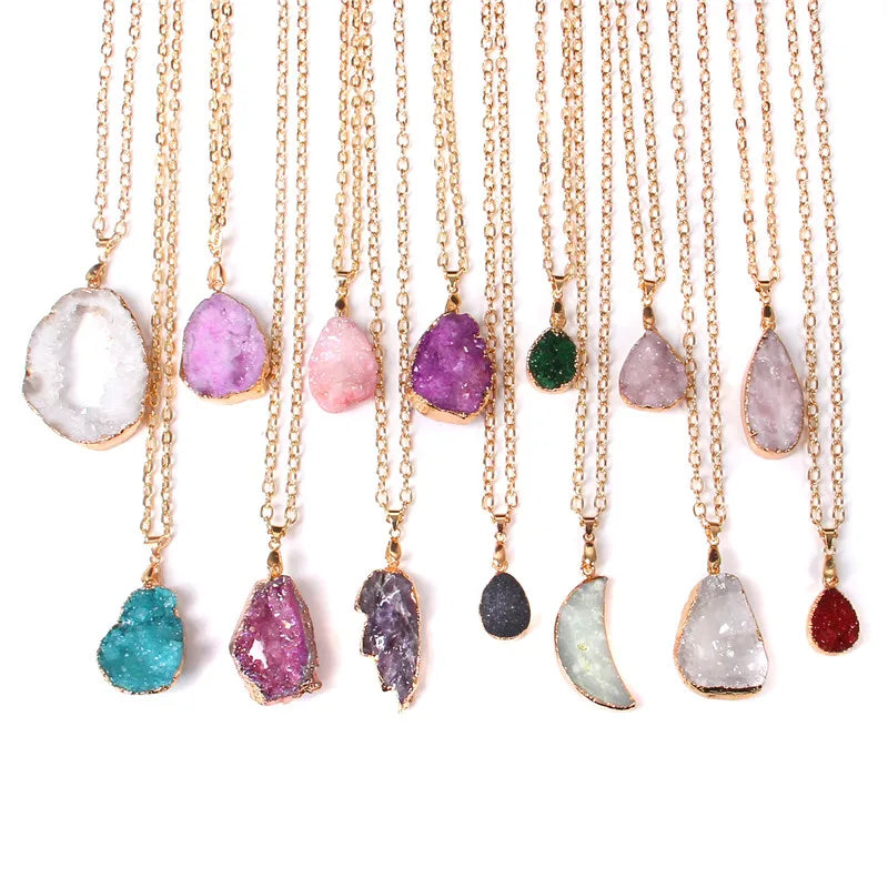 Metal chain healing energy necklace for women Dyed Natural crystal agat druzy crystal Minerals gem stone pendant charm necklace