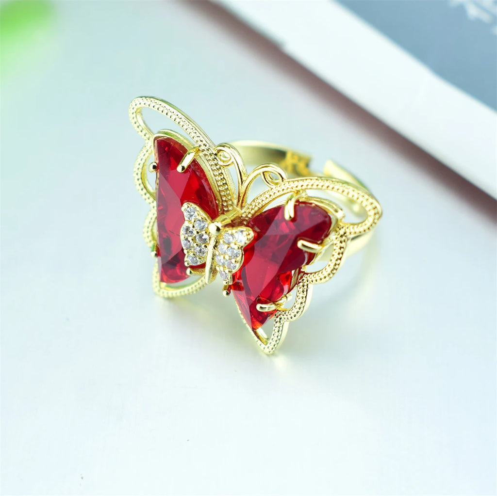 2021 New Fashion Ladies Glass Crystal Butterfly Ring 18 Colors Optional Adjustable Ladies Anniversary Gift Bulk Wholesale