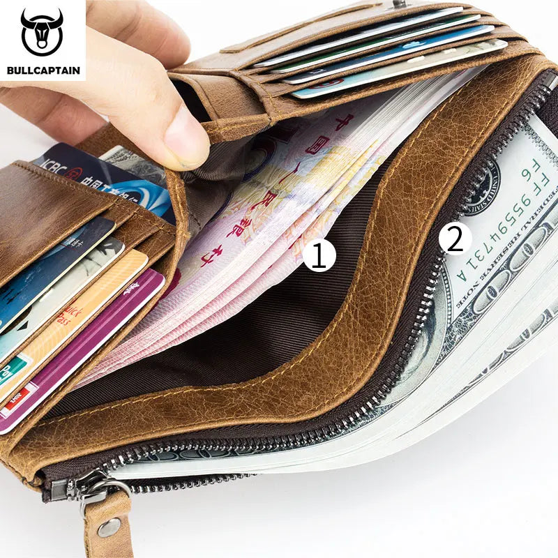BULLCAPTAIN Authentic Leather Men's Wallet Short Purse Small Retro Wallet Brand High RFID New Short Wallet