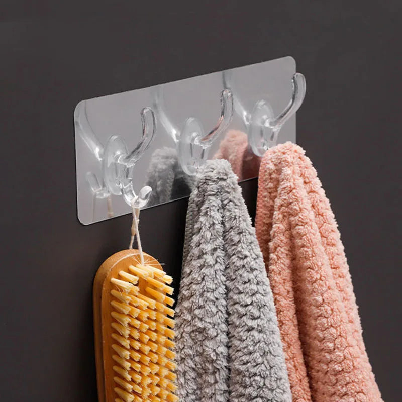 3/5/6 Hooks Transparent Holder Rack Bathroom Towel Sponge Storage Hanger Living Room Hat Clothes Seamless Hook Organiser