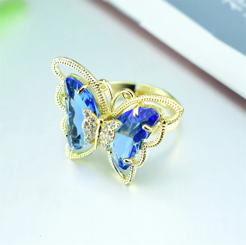 2021 New Fashion Ladies Glass Crystal Butterfly Ring 18 Colors Optional Adjustable Ladies Anniversary Gift Bulk Wholesale