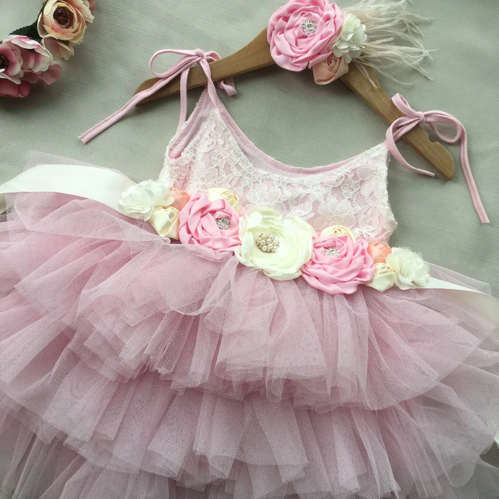 New Born Baby Girls Birthday Dress for Kids Flowers Girls Party Tutus Costume Belt Headband 3pcs Outfit Set Princess Vestidos