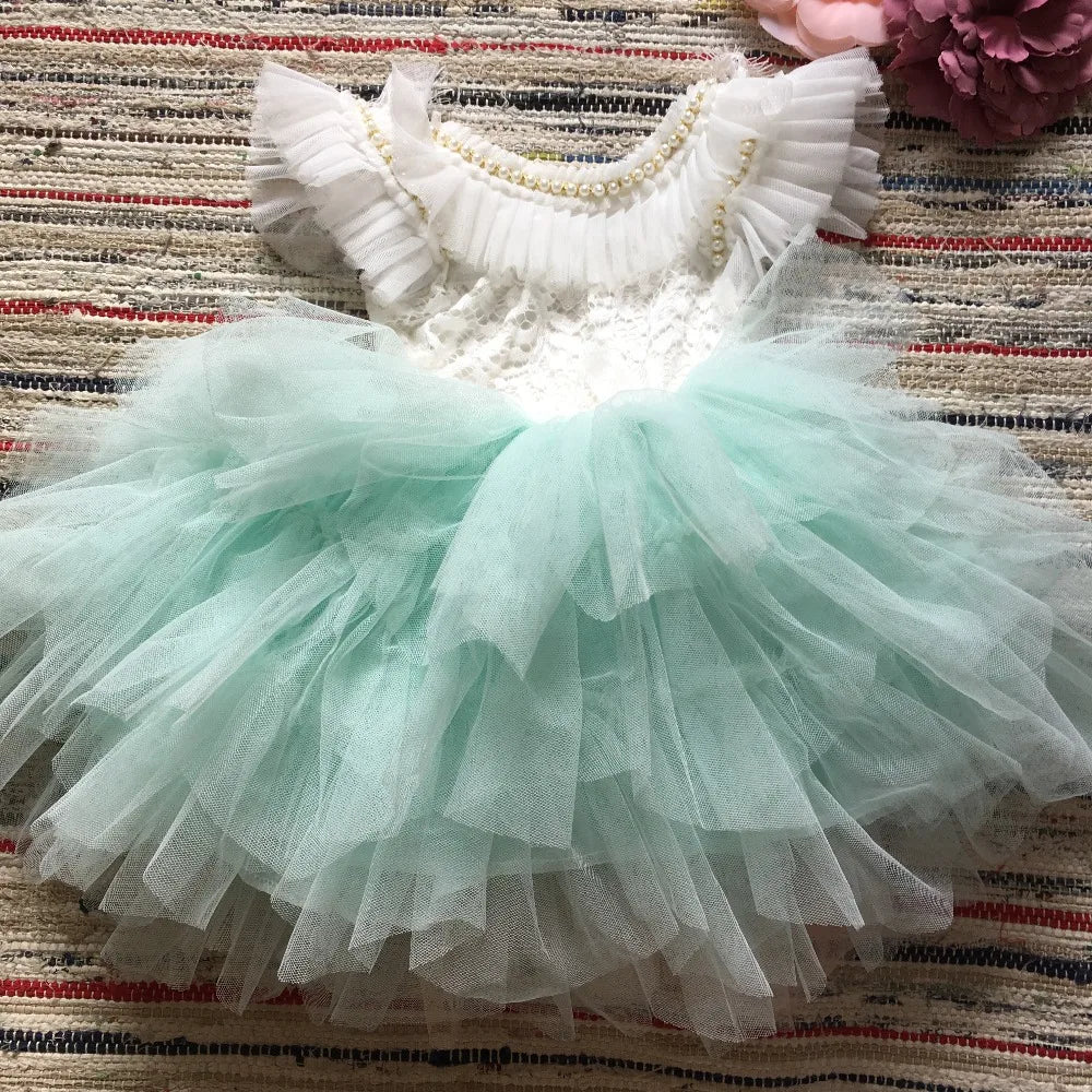 Spanish Toddler Girls Beading Dress for Baby Baptism Dress Birthday Kids Flutter Sleeve Tutu Princess Vestido Clothing