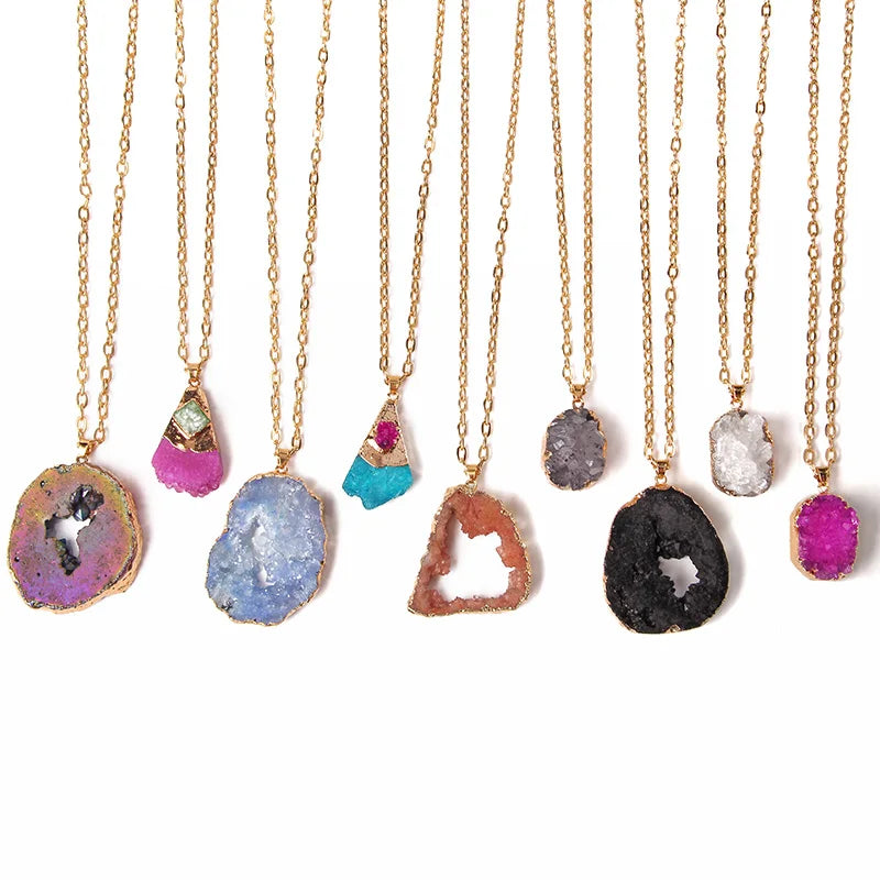 Metal chain healing energy necklace for women Dyed Natural crystal agat druzy crystal Minerals gem stone pendant charm necklace