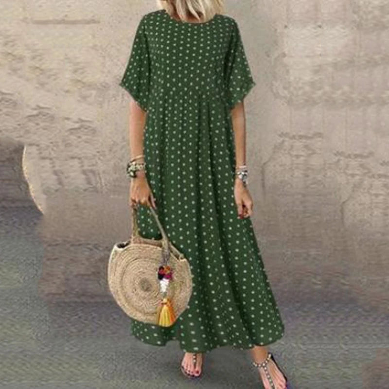Instylish Summer Long Dress Women Elegant Short Sleeve O Neck Polka Dot Maxi A Line Dress Vintage Boho Beach Party Dress