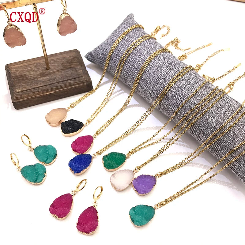 Fashion Cute Lady Water Drop Stainless Steel Resin Pendant Earring Necklace Combination Sweet Multicolor Girl Jewelry Party Gift