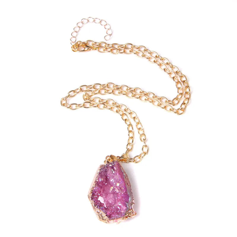 Metal chain healing energy necklace for women Dyed Natural crystal agat druzy crystal Minerals gem stone pendant charm necklace