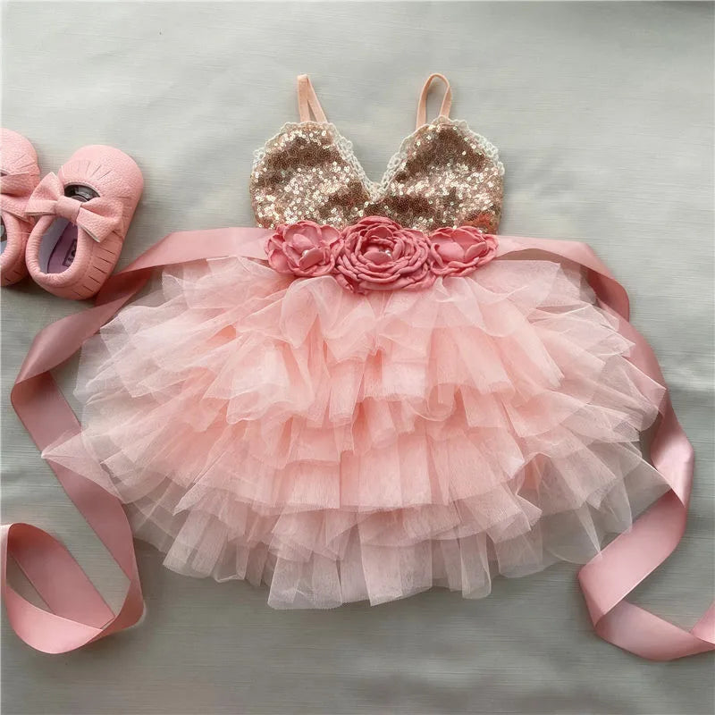 Shinny Flower Girls Christmas Dress for Kids Toddle Party Gown Gold Sequined Layered Tutu Dress Children New Year Dress Clothing