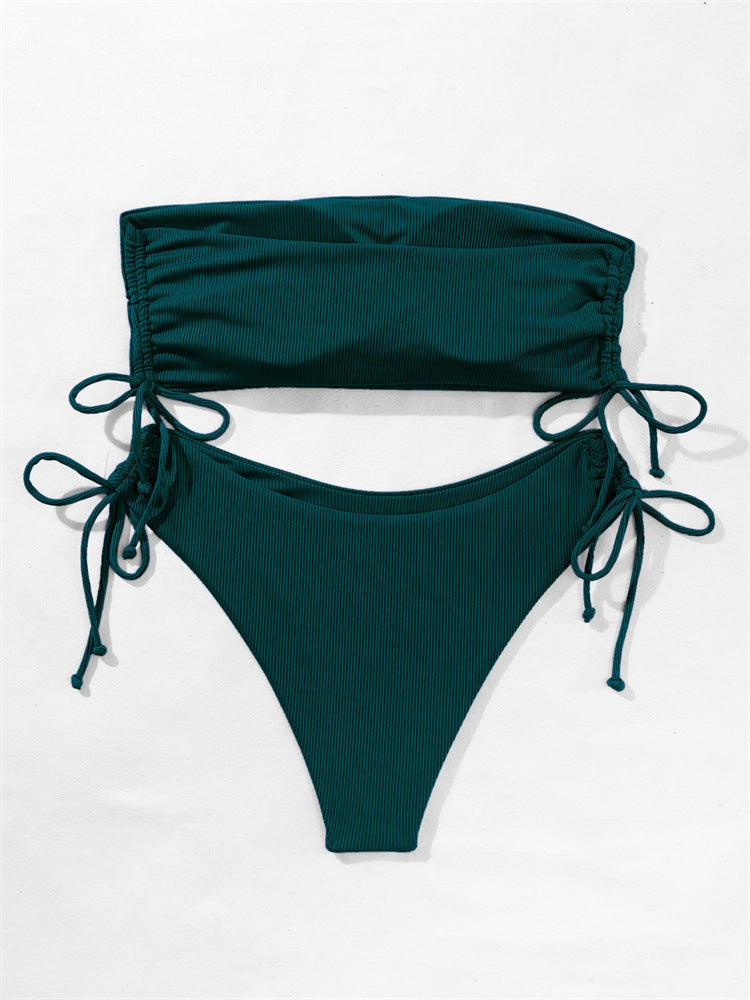 European and American Tube Top Bikini Swimsuit for Women 2024 New Pure Color Sexy Huludao Swimsuit Split Swimsuit High-End