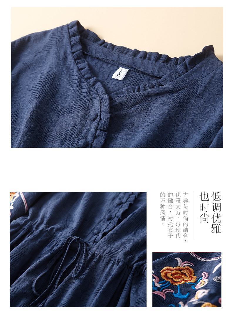 Ethnic Style Cotton and Linen Embroidered Dress Women's 2023 Summer Long Loose Style Lace Collar Short-Sleeved Over-the-Knee Long Dress