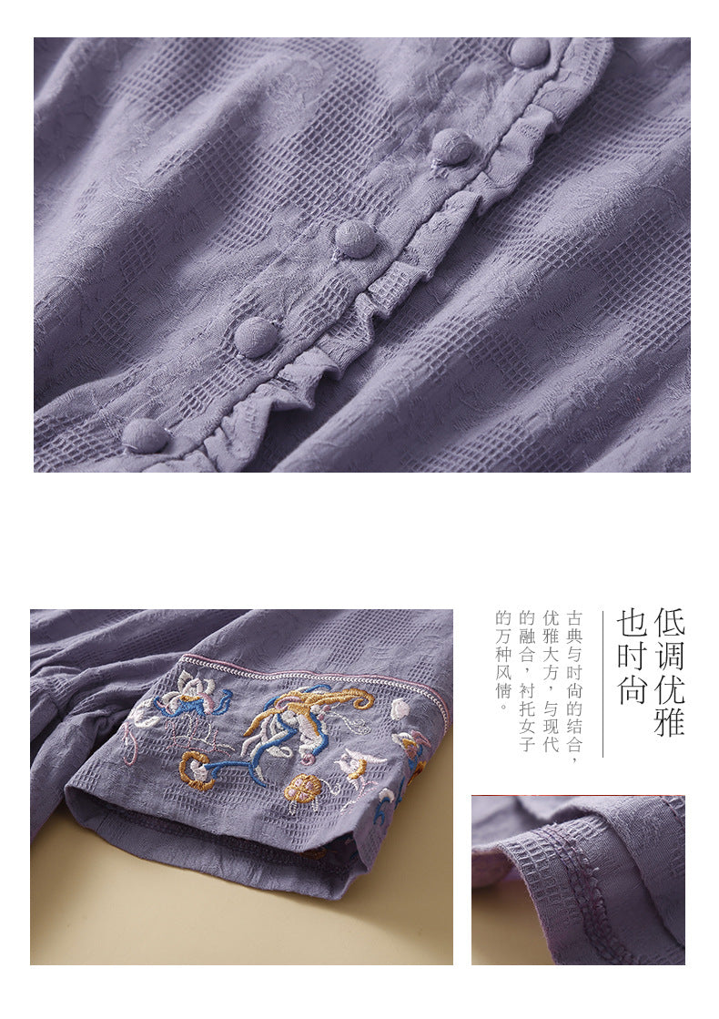 Ethnic Style Cotton and Linen Embroidered Dress Women's 2023 Summer Long Loose Style Lace Collar Short-Sleeved Over-the-Knee Long Dress