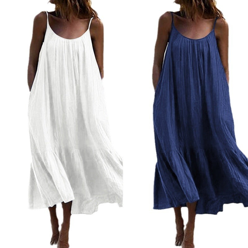 2024 Summer European and American New Ruffled Solid Color Long Dress Sleeveless Loose Thin Shoulder Strap Dress Summer dress