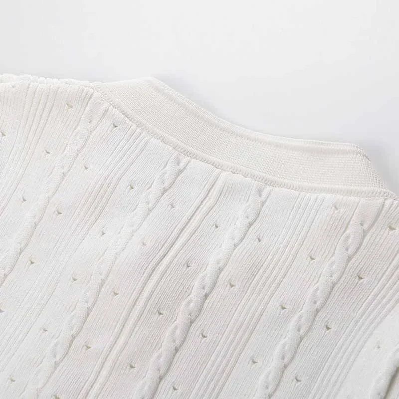 2026 New French-Style Elegant Socialite Short-Sleeve Knit Dress with Hollow-Out Ribbed Design and Single-Breasted Slim-Fit Long Dress