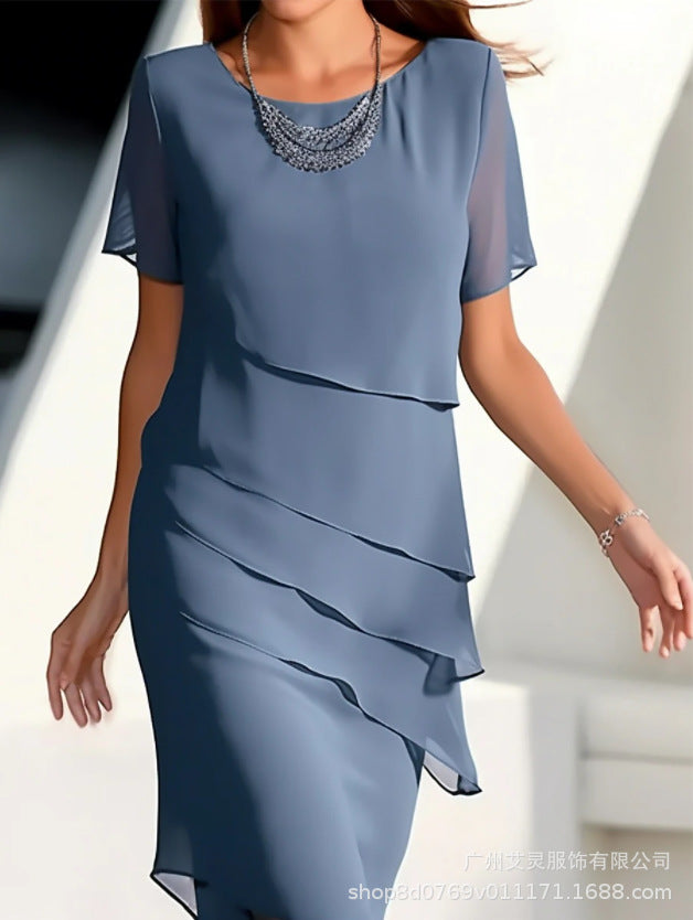 European and American Cross-Border Amazon Wish Export Women's Pure Color Short-Sleeved Glitter Ruffled Round Collar Casual Dress
