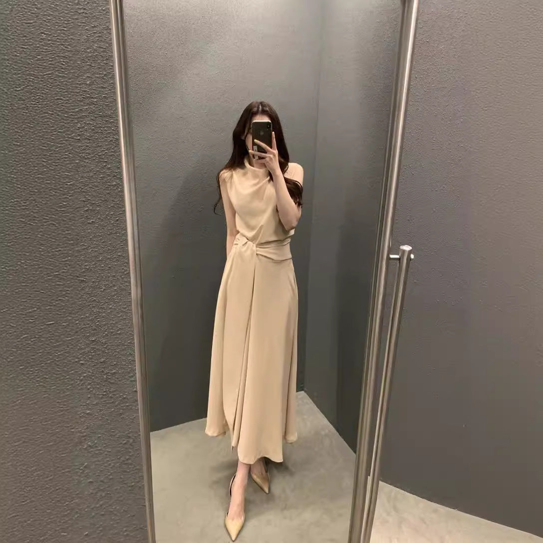 Korean Chic Summer French Elegant Pile Collar Strap Waist Slimming Look Sleeveless Vest Dress Mid-Length Skirt for Women