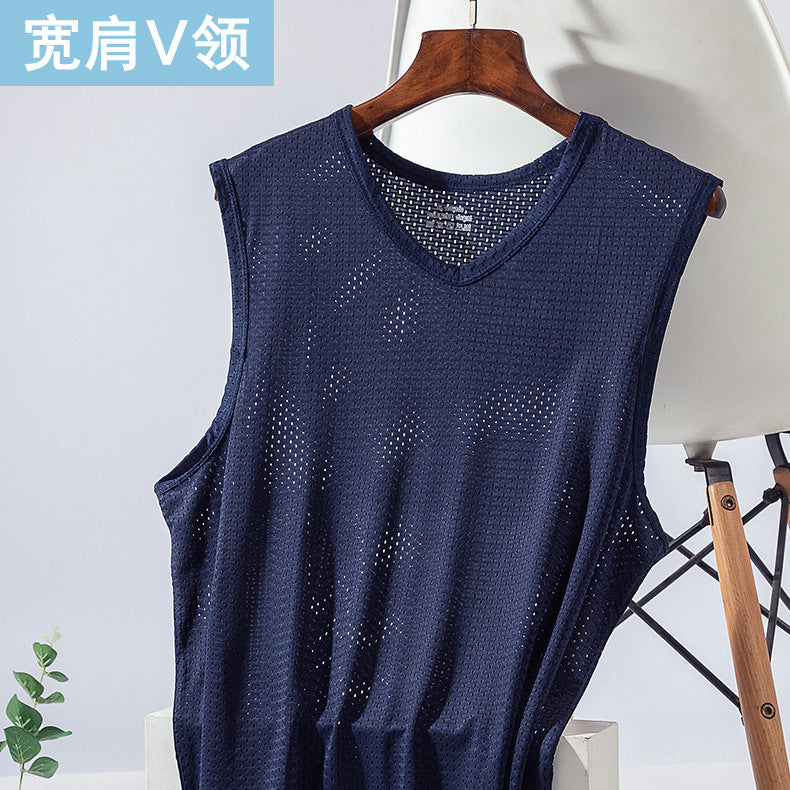 Summer ice silk mesh vest men's sports fitness quick-drying hollow undershirt wide shoulder waistcoat sleeveless T-shirt wholesale