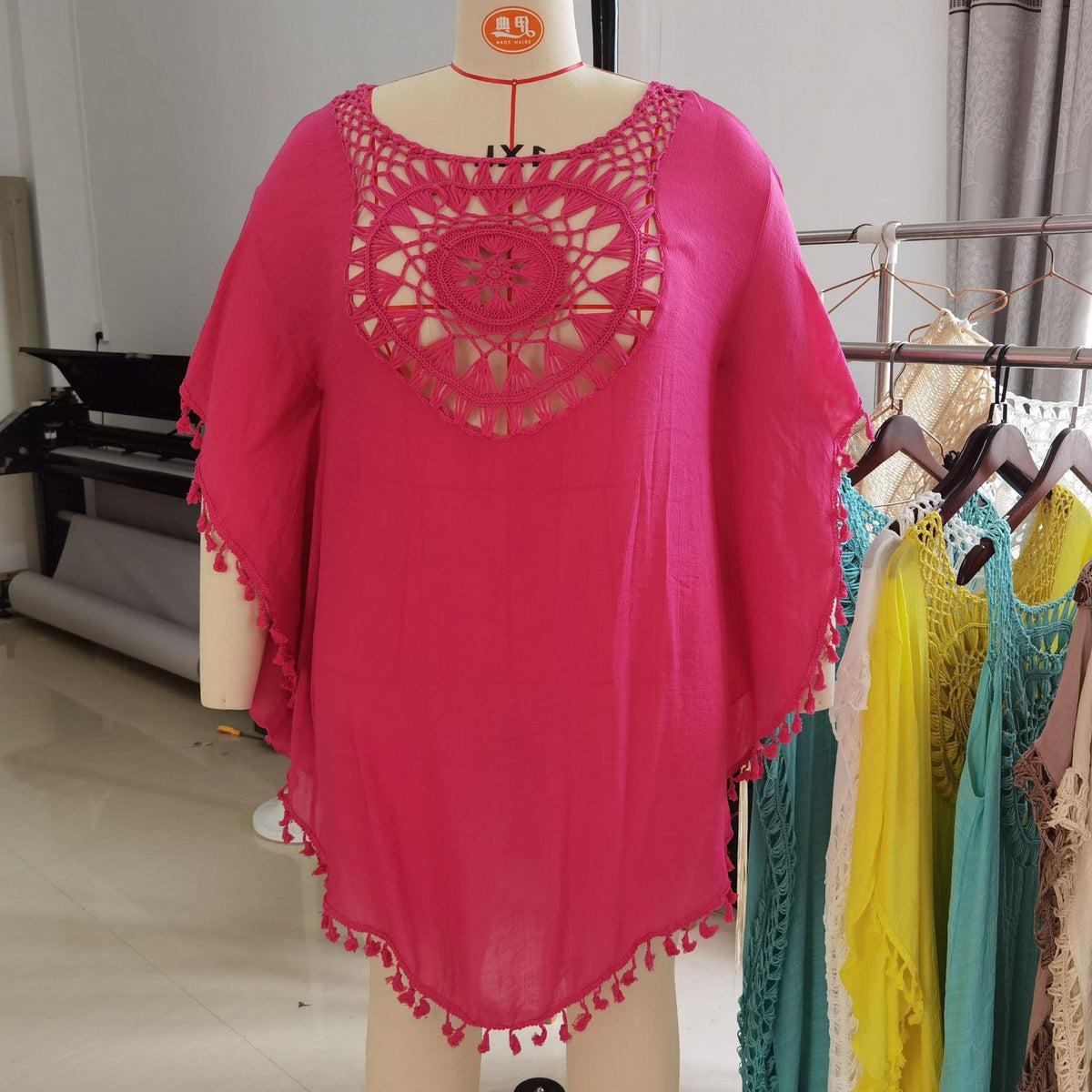 Women's Beach Blouse Batwing Sleeve Tassel Cotton Sunscreen Cover-Up