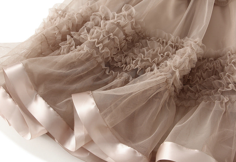2025 Summer Floor-length Pleated Skirt Women Long Maxi Tulle Skirt for Women High Waist Vintage Mesh Cake Skirt Female