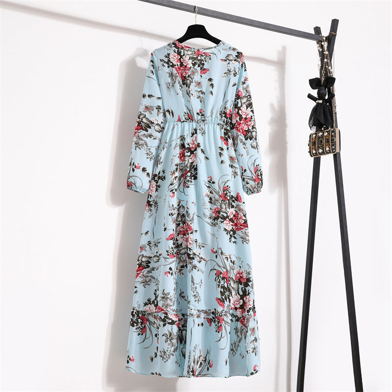 Cross-border Foreign Trade Floral Chiffon Long Dress Women's Spring Dress Long Sleeve Crewneck Base Skirt Waist Slim Long Dress