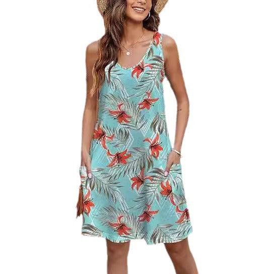 2024 summer casual vest V-neck loose dress with pockets summer bohemian beach dress floral T-shirt with pockets