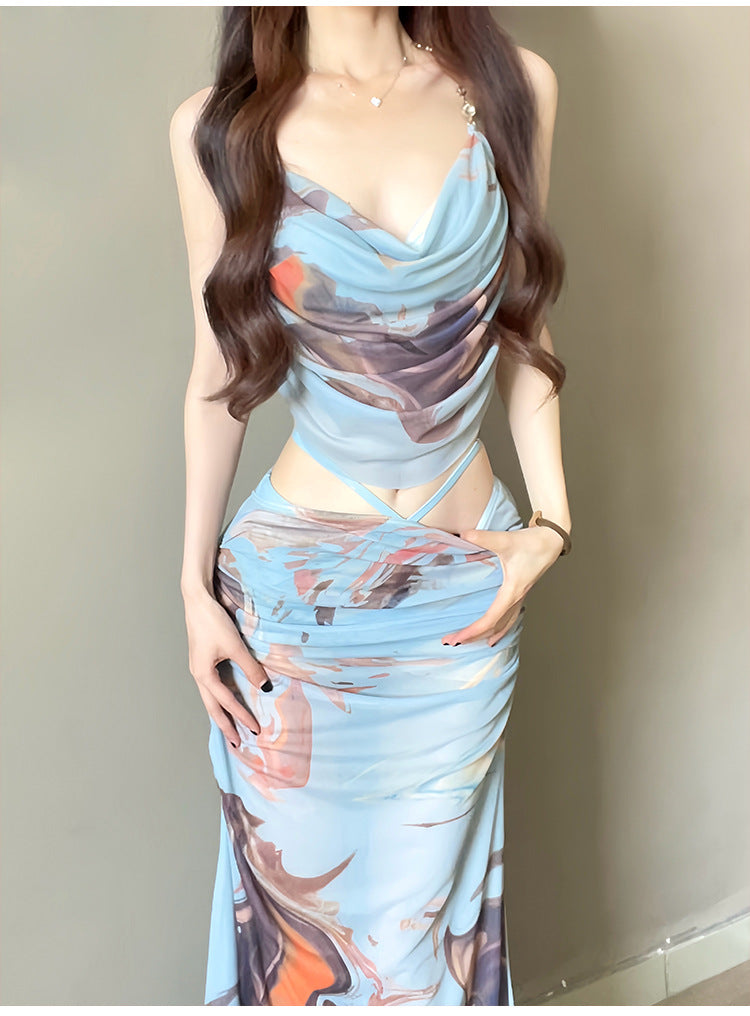 Hot Girl Bikini Swimsuit Female Three-Piece Seaside Vacation Long Skirt Small Breast Push-Up with Underwire Sexy Hot Spring Swimsuit