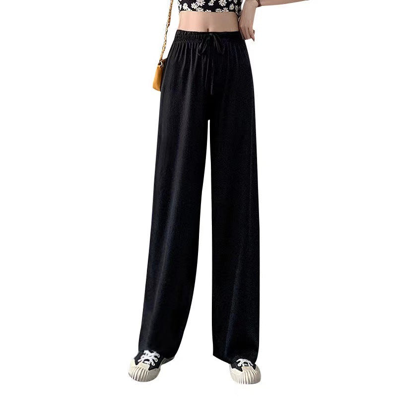 2026 Thin Ice Silk Wide-Leg Pants for Women, Summer Student Korean Style, Drapey Loose Fit, Versatile High-Waisted Elastic Thin Straight-Leg Pants