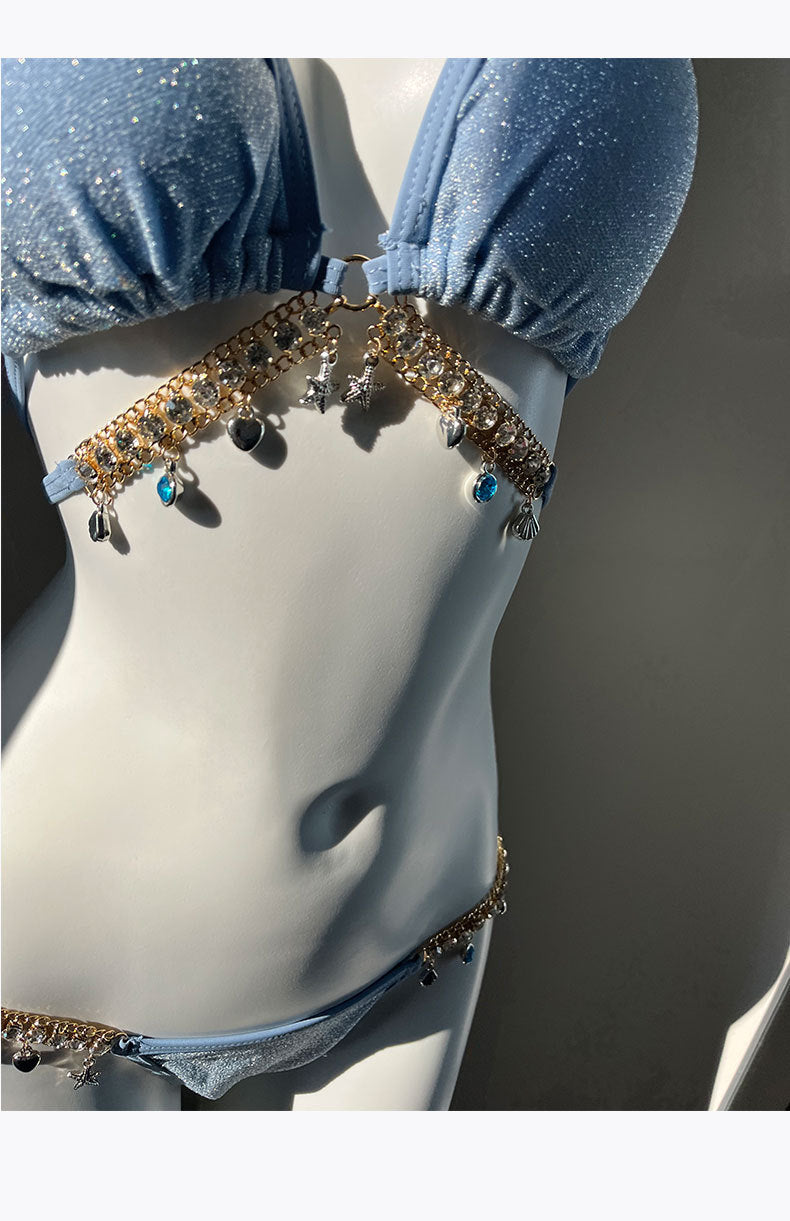 Swimsuit Female Mermaid Diamond Chain European and American Pure Lust Style Strap Triangle Bikini Three-Point Ins Sexy Vacation Swimsuit