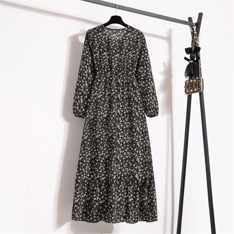 Cross-border Foreign Trade Floral Chiffon Long Dress Women's Spring Dress Long Sleeve Crewneck Base Skirt Waist Slim Long Dress