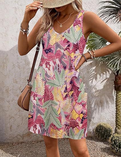 2024 summer casual vest V-neck loose dress with pockets summer bohemian beach dress floral T-shirt with pockets