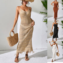 Cross-border European and American Sexy Hollow Strap Long Dress Slim-fit Tassel Beach Dress Sleeveless Knitted V-neck Strap Dress