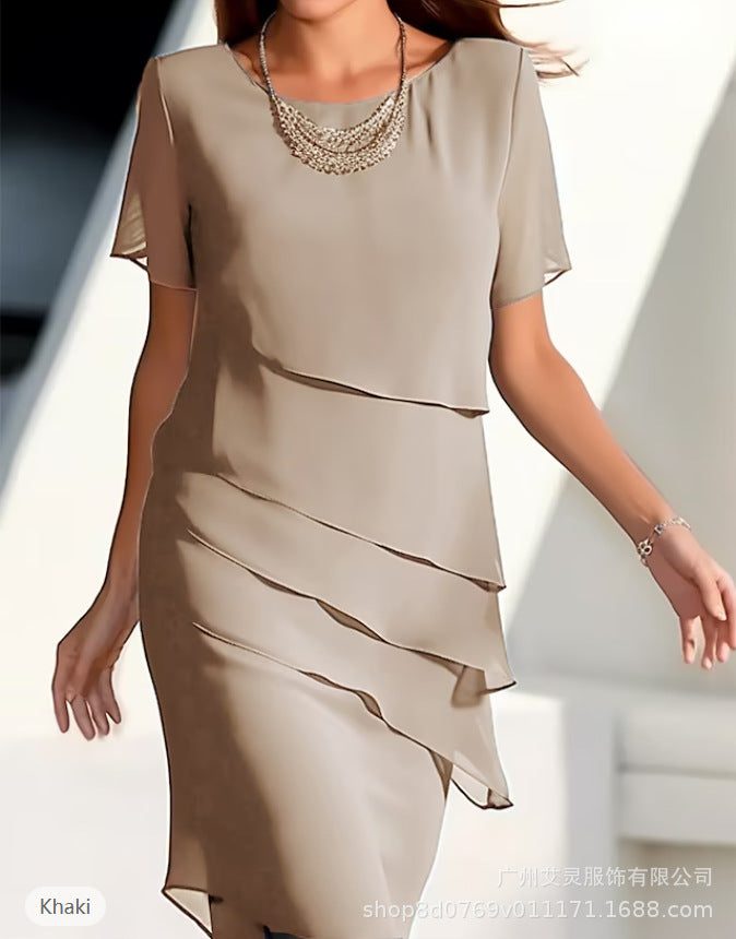 European and American Cross-Border Amazon Wish Export Women's Pure Color Short-Sleeved Glitter Ruffled Round Collar Casual Dress