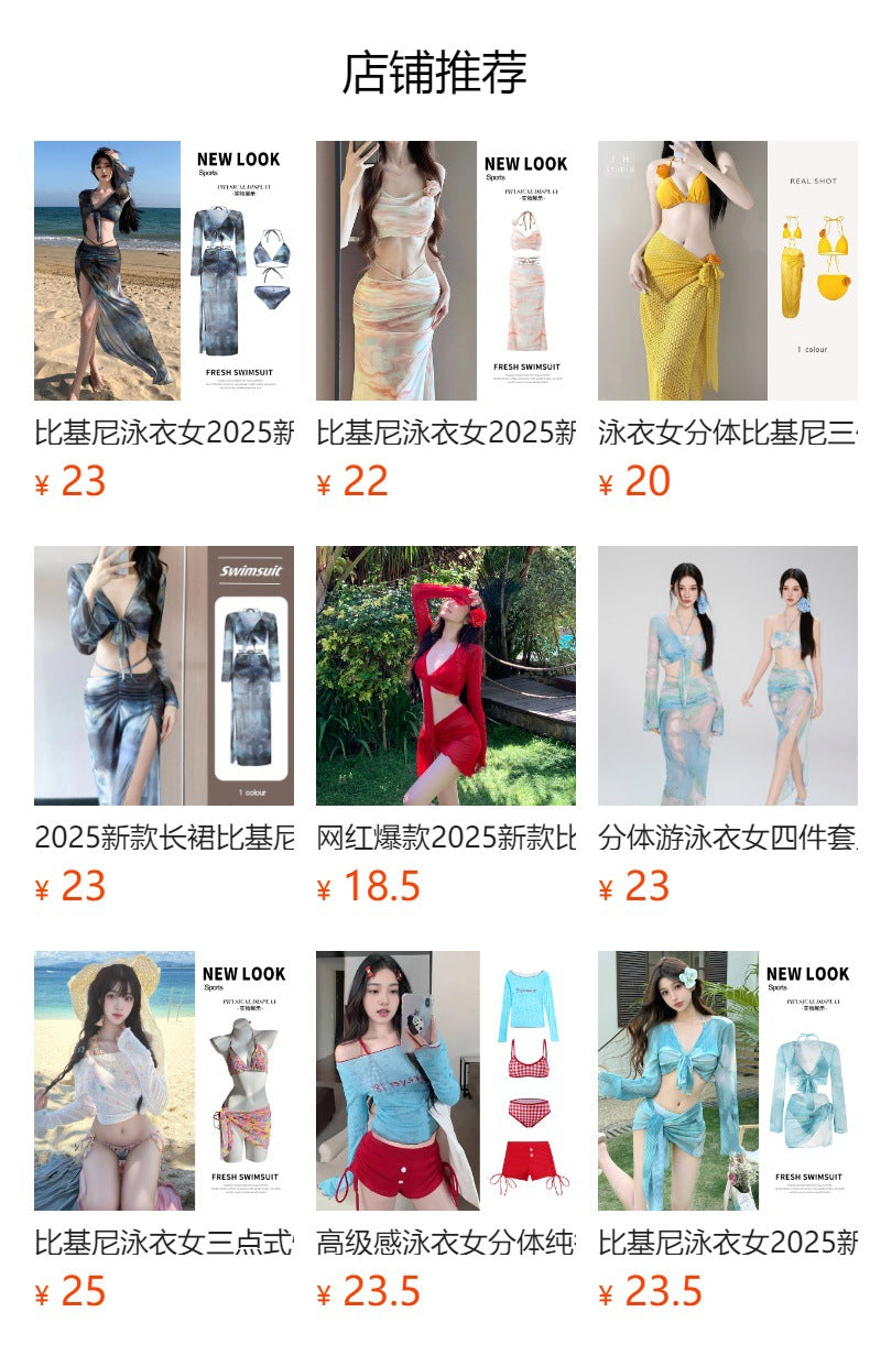 Hot Girl Bikini Swimsuit Female Three-Piece Seaside Vacation Long Skirt Small Breast Push-Up with Underwire Sexy Hot Spring Swimsuit