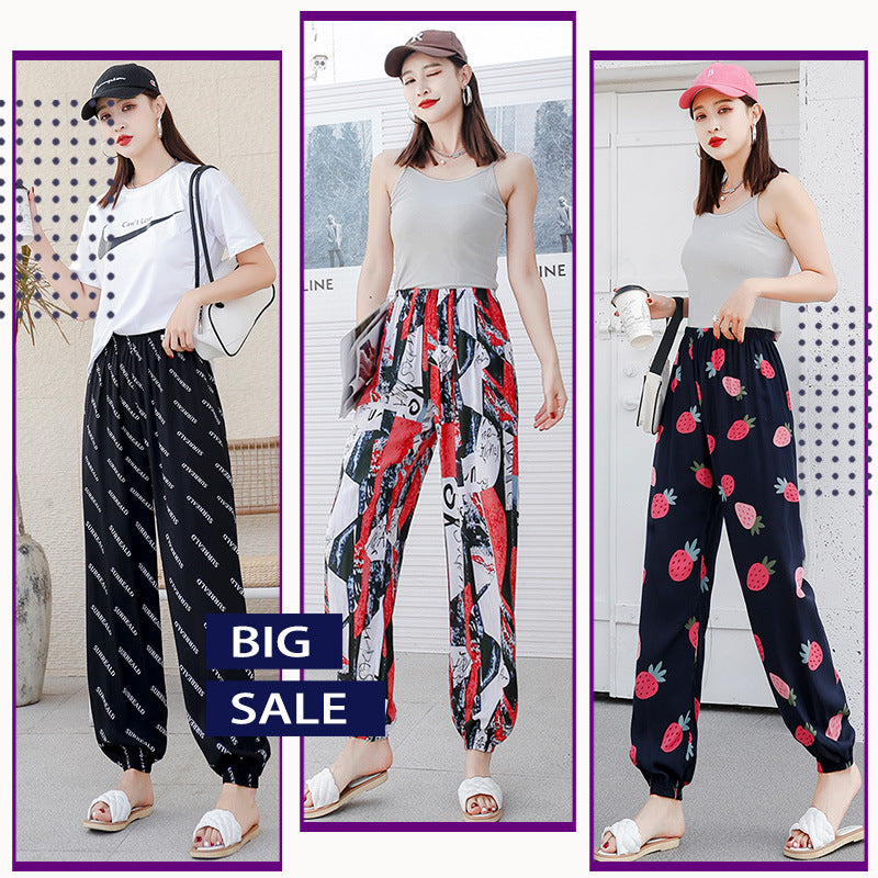 New Beach Pants for Women, Summer Cotton Silk Casual Pants, Thin Pajamas, Ethnic Style Anti-Mosquito Pants, Women's Home Bloomers