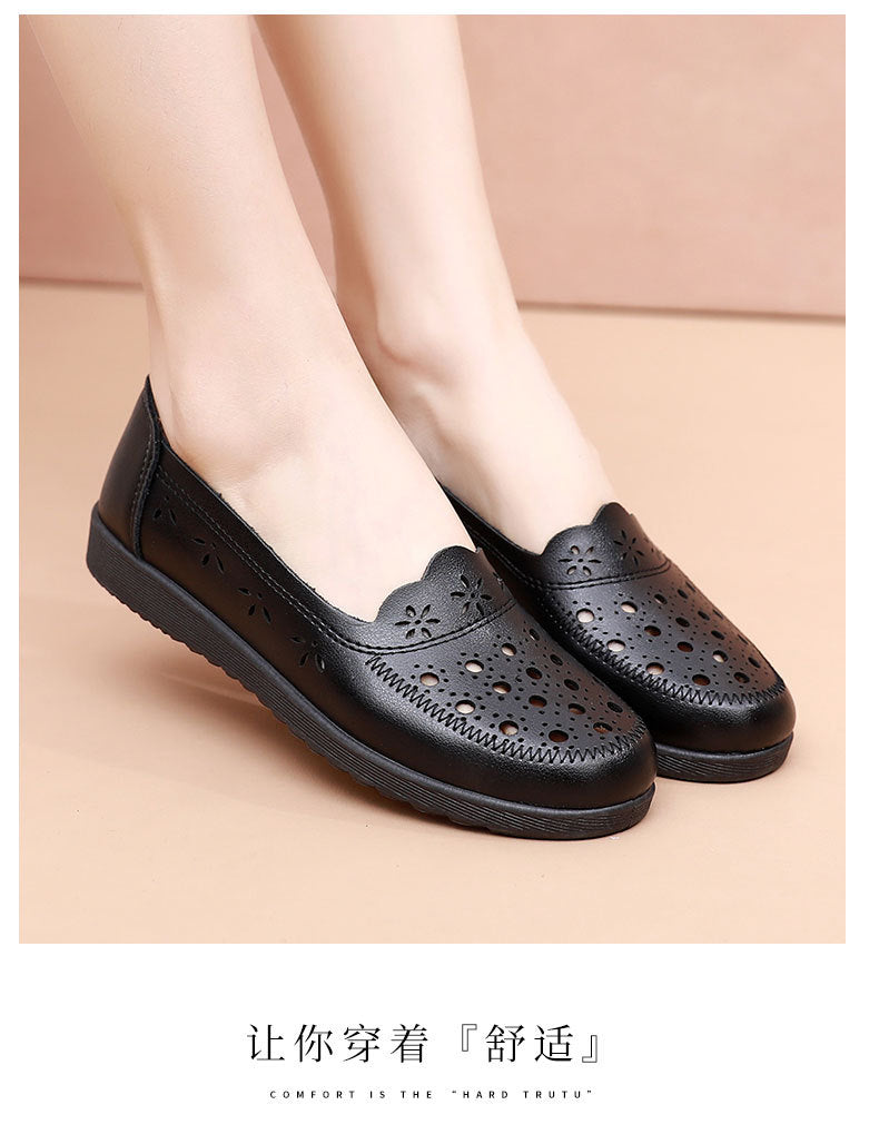 Spring Mom Shoes Sandals Soft Sole Comfortable Flats Hole Hollow Flats Shoes Middle-Aged and Elderly Women's Shoes Elderly Grandma Leather Shoes